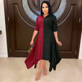 Plus Size Contrast Color Long Sleeve Irregular Shirt Dress ML-7455