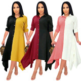 Plus Size Contrast Color Long Sleeve Irregular Shirt Dress ML-7455