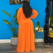 Plus Size Solid Long Sleeve V Neck High Split Maxi Dress NNWF-7279