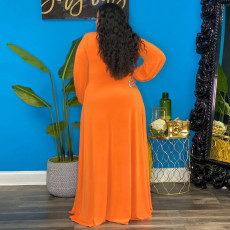 Plus Size Solid Long Sleeve V Neck High Split Maxi Dress NNWF-7279