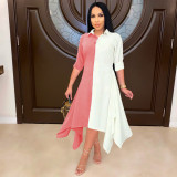 Plus Size Contrast Color Long Sleeve Irregular Shirt Dress ML-7455