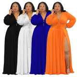 Plus Size Solid Long Sleeve V Neck High Split Maxi Dress NNWF-7279