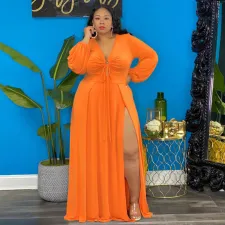Plus Size Solid Long Sleeve V Neck High Split Maxi Dress NNWF-7279