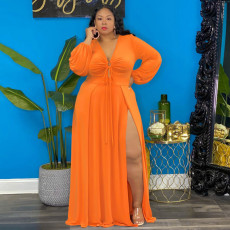 Plus Size Solid Long Sleeve V Neck High Split Maxi Dress NNWF-7279