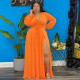 Plus Size Solid Long Sleeve V Neck High Split Maxi Dress NNWF-7279
