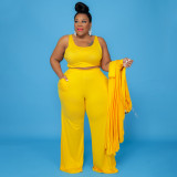 Plus Size Solid Tank Top+Long Cloak+Pants 3 Piece Sets NNWF-7293