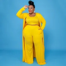 Plus Size Solid Tank Top+Long Cloak+Pants 3 Piece Sets NNWF-7293