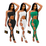 Sexy Solid One Shoulder Hollow Out Tight Jumpsuit DDF-88120
