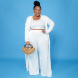 Plus Size Solid Tank Top+Long Cloak+Pants 3 Piece Sets NNWF-7293