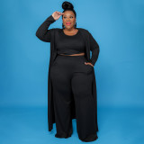 Plus Size Solid Tank Top+Long Cloak+Pants 3 Piece Sets NNWF-7293