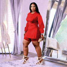 Plus Size Solid Split Long Sleeve Top And Shorts 2 Piece Sets QSF-51029