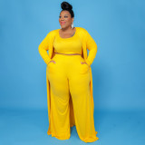 Plus Size Solid Tank Top+Long Cloak+Pants 3 Piece Sets NNWF-7293