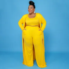 Plus Size Solid Tank Top+Long Cloak+Pants 3 Piece Sets NNWF-7293