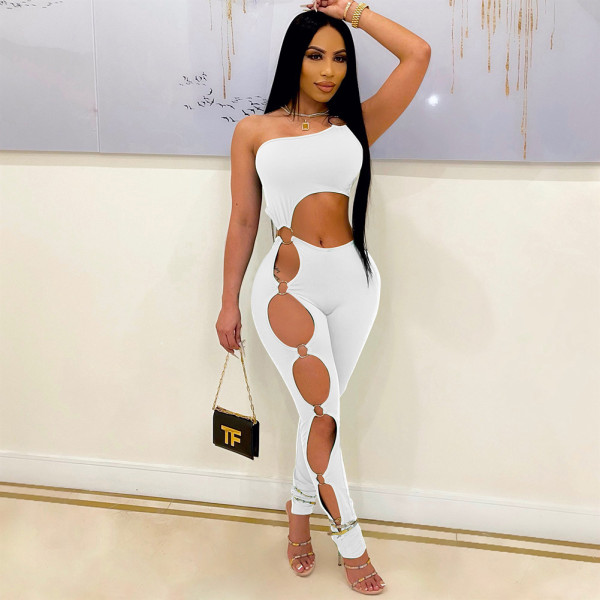 Sexy Solid One Shoulder Hollow Out Tight Jumpsuit DDF-88120