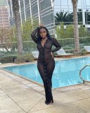 Sexy Mesh See Through Long Sleeve Buttons Maxi Dress YS-8822