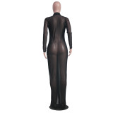 Sexy Mesh See Through Long Sleeve Buttons Maxi Dress YS-8822