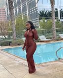 Sexy Mesh See Through Long Sleeve Buttons Maxi Dress YS-8822