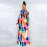 Sexy Printed Backless Long Sleeve Big Swing Maxi Dress YNSF-1670