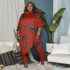 Plus Size Casual Oblique Shoulder Irregular 2 Piece Sets YMEF-5033