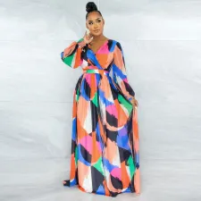 Sexy Printed Backless Long Sleeve Big Swing Maxi Dress YNSF-1670
