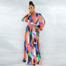 Sexy Printed Backless Long Sleeve Big Swing Maxi Dress YNSF-1670