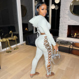 Solid Hollow Out Hoodie And Pants Two Piece Suits HMS-5496