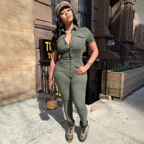 Casual Solid Short Sleeve Pockets Jumpsuit YIM-211