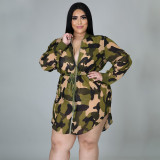 Plus Size Camo Print Drawstring Long Sleeve Mini Dress NNWF-7254