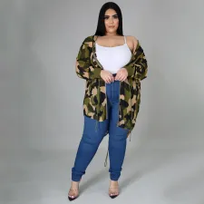 Plus Size Camo Print Drawstring Long Sleeve Mini Dress NNWF-7254