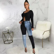 Plus Size Denim Patchwork Skinny Jeans HSF-2595