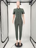 Casual Solid Short Sleeve Pockets Jumpsuit YIM-211