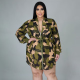 Plus Size Camo Print Drawstring Long Sleeve Mini Dress NNWF-7254