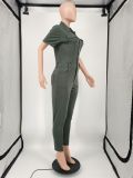 Casual Solid Short Sleeve Pockets Jumpsuit YIM-211