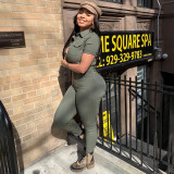 Casual Solid Short Sleeve Pockets Jumpsuit YIM-211