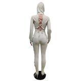 Solid Hooded Lace-Up Long Sleeve 2 Piece Sets MEM-88382