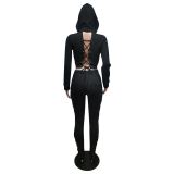 Solid Hooded Lace-Up Long Sleeve 2 Piece Sets MEM-88382
