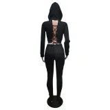 Solid Hooded Lace-Up Long Sleeve 2 Piece Sets MEM-88382