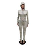 Solid Hooded Lace-Up Long Sleeve 2 Piece Sets MEM-88382