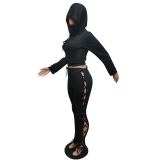 Solid Hooded Lace-Up Long Sleeve 2 Piece Sets MEM-88382