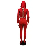 Solid Hooded Lace-Up Long Sleeve 2 Piece Sets MEM-88382