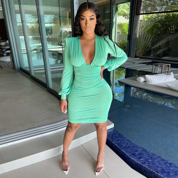 Sexy Solid Long Sleeve Bodycon Dress WMEF-20772