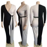 Plus Size Contrast Color Patchwork Sashes Jumpsuit WPF-80288