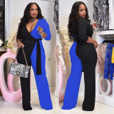 Plus Size Contrast Color Patchwork Sashes Jumpsuit WPF-80288