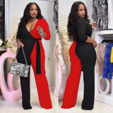 Plus Size Contrast Color Patchwork Sashes Jumpsuit WPF-80288