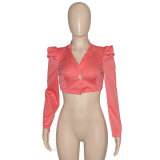 Solid Full Puff Sleeve Short Blazer Coat SH-390194