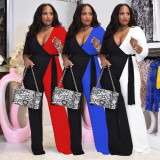 Plus Size Contrast Color Patchwork Sashes Jumpsuit WPF-80288