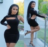 Black Velvet One Shoulder Hollow Mini Dress LSL-6470