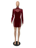 Sexy Velvet Mesh Patchwork Long Sleeve Mini Dress MZ-2606