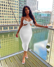 Sexy Solid Hollow Spaghetti Strap Midi Dress MZ-2653