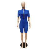 Casual Solid Short Sleeve Zipper Romper MZ-2627